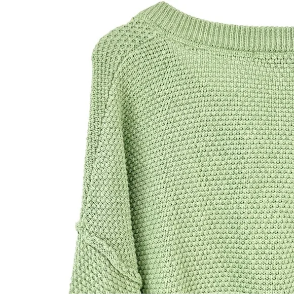 Free People FP Beach Hailee Sweater - Green Waffle Knit Slouchy Henley Top sz M - Picture 6 of 12